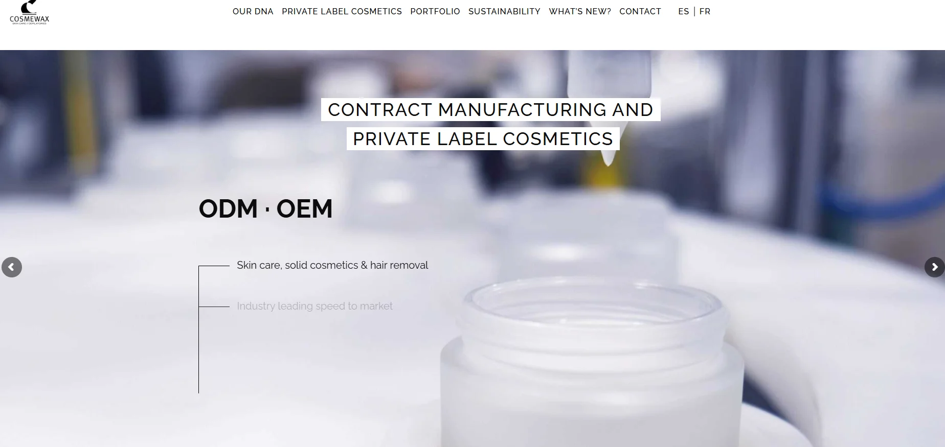 Close-up of empty cosmetic containers in a manufacturing setting with text promoting ODM and OEM services.